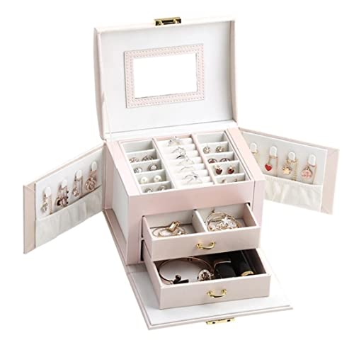 JDSHFEN Schmuckschatulle PU-Leder Schmuckschatulle Seidenmaserung tragbare Schmuckschatulle mit 2 Schubladen und Schloss Schmuck-Organizer großes Schmuckkästchen,Rosa: 17,5 x 13,5 x 12 cm von JDSHFEN