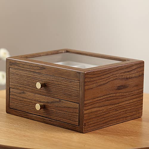 JDSHFEN Schmuckschatulle für Damen rustikale Holz-Schmuck-Organizer-Box mit Glasdeckel zur Aufbewahrung von Ohrringen Ringen Halsketten Armbändern Holzschmuck im, von JDSHFEN