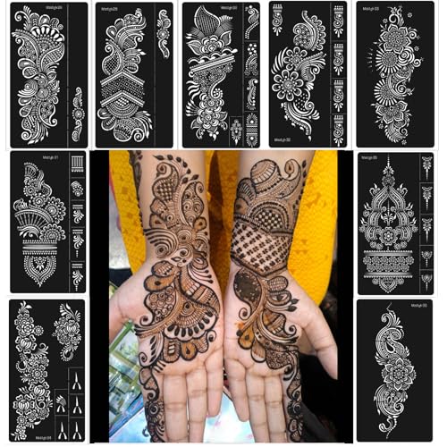 Henna Stencils kit 9 Sheet Henna Tattoo Kit, Reusable Henna Stickers for Hand Forearm Indian Arabian Self Adhesive Tattoo Templates von JDSTZS