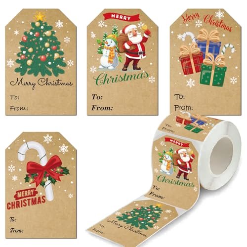 300 Stück Weihnachten Etiketten Aufkleber Selbstklebend, 7.5 * 5cm Kraftpapier Namensaufkleber Geschenketikette, Weihnachtsgeschenke Sticker Etiketten, Weihnachtsaufkleber für papiertüten kekstüten von JDWBT