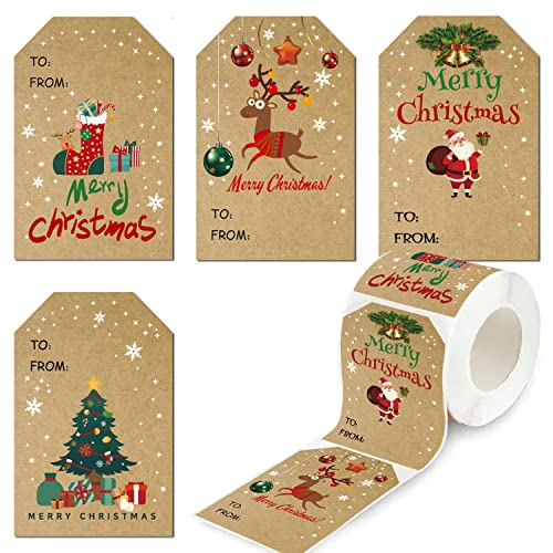 Weihnachten Etiketten Aufkleber Selbstklebend, 300 Stück Kraftpapier Namensaufkleber Geschenketikette, 7.5 * 5cm Weihnachtsaufkleber für Geschenktüten Papiertüten Kekstüten von JDWBT