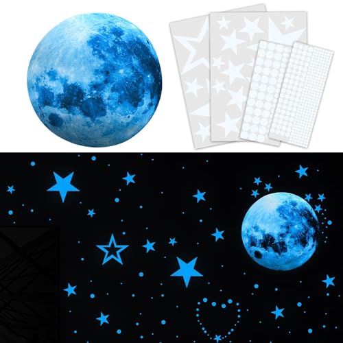 JDXun Leuchtsterne Wandsticker, 435 Leuchtsticker selbstklebend, Leuchtsterne Leuchtpunkte Mond DIY fluoreszierende Leuchtsterne Wandtattoo für Kinderzimmer Schlafzimmer Wohnzimmer (Blau) von JDXun