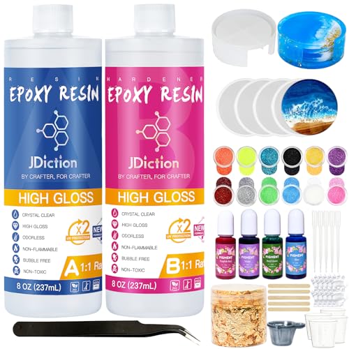 JDiction Epoxidharz-Untersetzer-Set – 474 ml, kristallklares Epoxidharz-Set mit Untersetzerformen und Halter, Harzpigment, Harzglitter, Goldflocken, Epoxidharz-Starter-Set für Untersetzer von JDiction