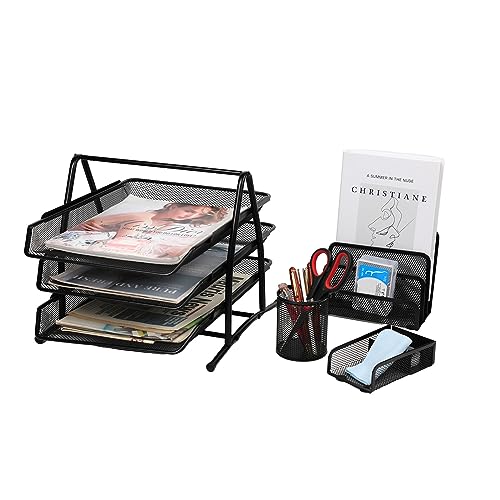 JEBELE Büroschreibtisch Dokument Organizer,Zeitschriftenhalter Briefablage,Set mit 4 Teilen 3 stufige A4 Papierablage,Stifthalter,Memoblockhalter und Briefsortierständer,schwarz von JEBELE