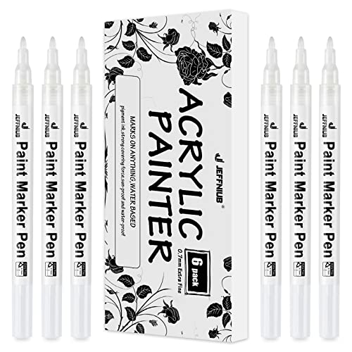 JEFFNIUB Acrylstifte Marker Stifte, Weiß Permanent Marker Wasserfeste Acrylfarben Marker Set für Steine Keramik Holz Metall Papier Glas Stoffe Kunststoff Leder DIY - 0.7mm Spitze 6 Pack von JEFFNIUB