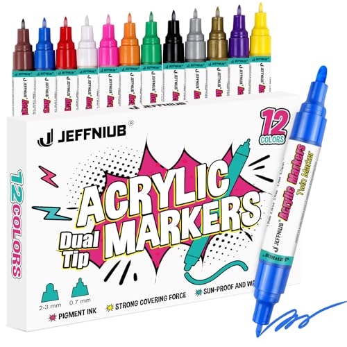 JEFFNIUB Acrylstifte Doppelspitze 0.7-3mm, 12 Multimarker Stifte Bine Brändle für Stein Stoff Holz Leinwand Glas Keramik Kerzen Trauerstein Bemalen Acrylmarker Set von JEFFNIUB