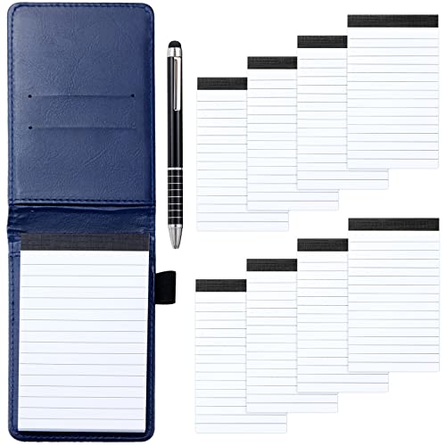 JEFFOUOO Mini Notizblock A7 Set,Kleiner Leder Notizblock Halter Taschennotizblock,Tragbarer Mini Notizbuch mit Stift,8 Stk 7,5x12,8cm Ersatz-Notizblöcken,30 liniertes Papier pro Notizblock (Blau) von JEFFOUOO