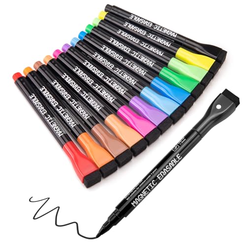 JEFURE Whiteboard Marker 12 Stück, 12 Farbe Whiteboard Stifte Magnetisch, Bunte Folienstift Abwischbar mit radierer, Abwischbare Stifte mit feiner Spitze für Zuhause, Schule, Büro von JEFURE