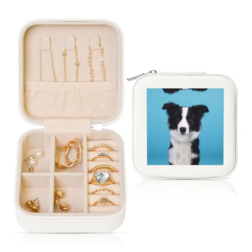 JEJEA Leder-Schmuckschatulle mit Border Collie-Druck, für Damen, Schmuck-Organizer, Schmuck-Aufbewahrungsbox, Geschenk für Frauen von JEJEA