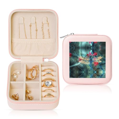 JEJEA Leder-Schmuckschatulle mit Libelle auf dem Blumendruck, für Damen, Schmuck-Organizer, Schmuck-Aufbewahrungsbox, Geschenk für Frauen von JEJEA