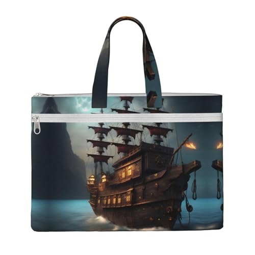 Tragetasche mit Fantasie-Piratenschiff-Aufdruck, für Damen und Herren, große Kapazität, Canvas-Tragetasche mit Reißverschluss, für Arbeit, Laptop von JEJEA