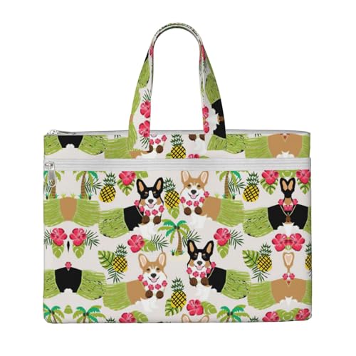 Tragetasche mit tropischen Blumen und Corgi-Druck, für Damen und Herren, große Kapazität, Canvas-Tragetasche mit Reißverschluss, für Arbeit, Laptop von JEJEA