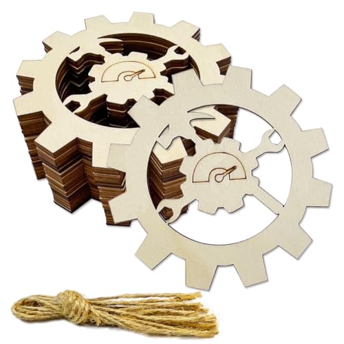 20 Stück 10,2 cm unlackiertes Zahnrad Holz DIY Handwerk Ausschnitte Holz Steampunk-Stil Design geformte hängende Ornamente mit Loch Hanfseile Geschenkanhänger für Zuhause, Party, Dekoration, von JEKEJIAJIU