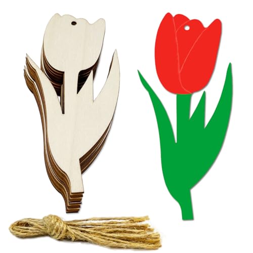 20 Stück 15,2 cm unlackierte Holztulpenausschnitte DIY Handwerk Holz Tulpen geformte hängende Ornamente mit Loch Hanfseile für Ostern Frühling Party Dekoration von JEKEJIAJIU