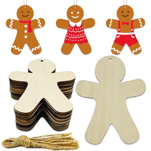 30 Stück 10,2 cm große Weihnachts-Lebkuchenmann-Ornamente, unlackierte Holzverzierungen, blanko Holzscheiben, Holzausschnitte für Weihnachten, Basteln, Zuhause, Party, Hängedekoration von JEKEJIAJIU