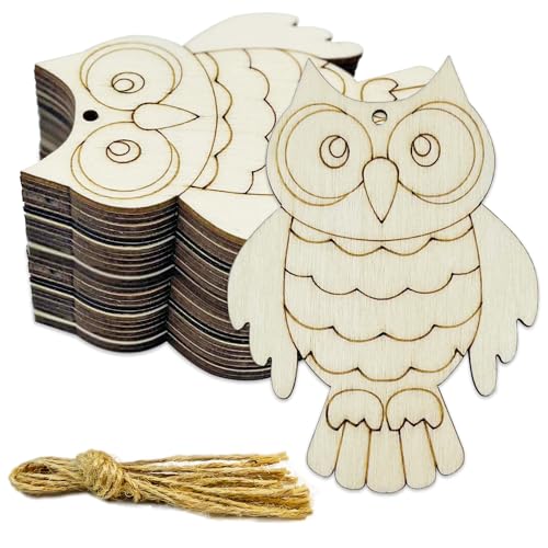 30 Stück 10,2 cm unlackierte Eulen-Holzausschnitte aus Holz DIY Handwerk Ausschnitte Blanko Holz Eulenförmige Ornamente mit Loch Hanfseile Geschenkanhänger für Hochzeit Geburtstag Weihnachten Party von JEKEJIAJIU