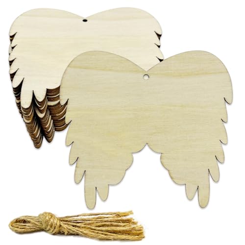 30 Stück unlackierte Engelsflügel Holz DIY Handwerk Ausschnitte Holz Engelsflügel geformte hängende Ornamente mit Loch Hanfseile Geschenkanhänger für Hochzeit Geburtstag Weihnachten Party Dekorationen von JEKEJIAJIU