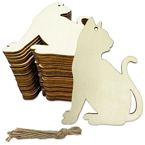 30 Stück unlackiertes Katzenholz DIY Handwerk Ausschnitte Holz Katzenform Ausschnitte Blank Hängende Ornamente für Haustiere Themed Geburtstag Halloween Weihnachten Party Dekoration von JEKEJIAJIU