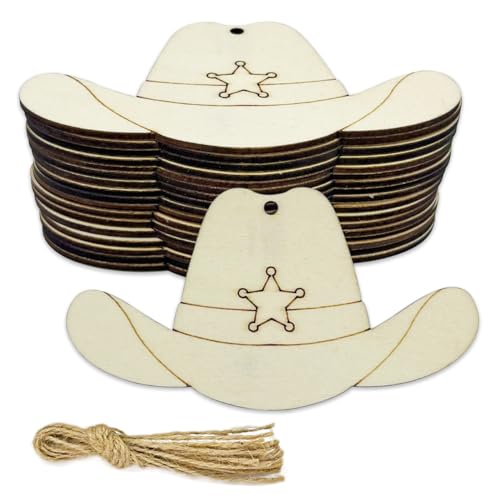 JEKEJIAJIU 30 Stück 10,2 cm unlackierter Cowboyhut Holz zum Basteln Ausschnitte blanko Cowboyhut geformte Ornamente Anhänger JKNL231204 von JEKEJIAJIU