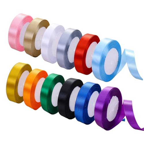 JEKUGOT 12 Rollen Band, 20 mm × 22 m Satinband Rollen Stoffband für Geschenkverpackungen, farbiges Satinband, Basteln, Seidenband für Luftballons, Geschenkband, Haare, Hochzeit, DIY, Muttertag, von JEKUGOT