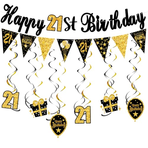 JEKUGOT 21. Geburtstag Dekoration Kit für Männer, Happy 21st Birthday Bunting Banner Hängende Wirbel Luftschlangen, Dreieck Flagge Banner für Geburtstagsfeier Dekorationen Supplies Schwarz und Gold 21 von JEKUGOT