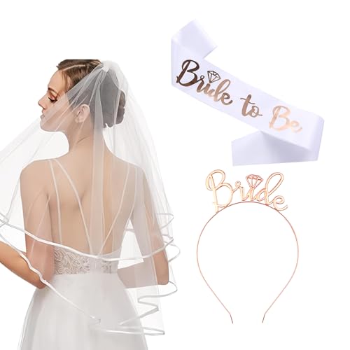 JEKUGOT Bride To Be Schleier Braut Stirnband Braut Schärpe Set Junggesellinnenabschied Zubehör Braut To Be Schärpe Hen Do Zubehör Hochzeit Schleier Braut To Be Dekorationen (3 Stück) von JEKUGOT