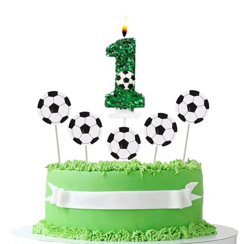 JEKUGOT Geburtstagskerzen mit Fußball-Kuchenaufsatz, Fußball-Geburtstagskerzen, grüne Zahlenkerzen, Jungen-Geburtstagsparty, Hochzeitstag, Kuchendekoration, Pailletten-Kerzen von JEKUGOT