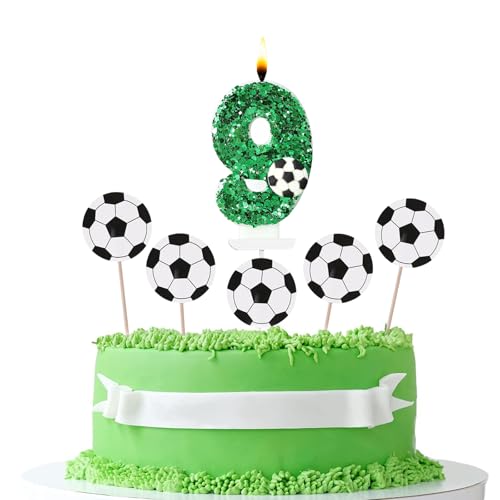 JEKUGOT Geburtstagskerzen mit Fußball-Kuchenaufsatz, Fußball-Geburtstagskerzen, grüne Zahlenkerzen, Jungen-Geburtstagsparty, Hochzeitstag, Kuchendekoration, Pailletten-Kerzen von JEKUGOT