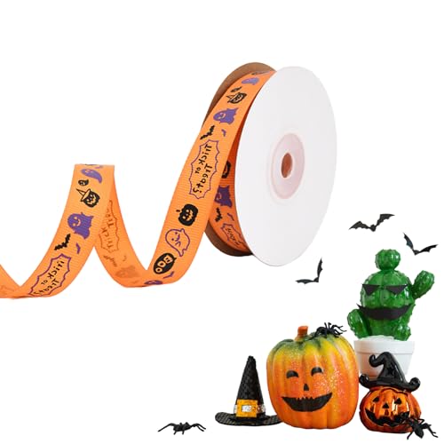 JEKUGOT Halloween-Bandrollen, Halloween-Band, bedruckte Ripsbänder, 15 mm breit, Geschenkband zum Basteln, Geschenkverpacken, Haarschleifen, Dekoration, Orange von JEKUGOT