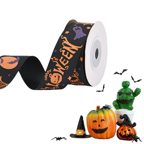 JEKUGOT Halloween-Bandrollen, Halloween-Band, bedruckte Ripsbänder, 20 mm breit, Geschenkband zum Basteln, Geschenkverpacken, Haarschleifen, Dekoration, Schwarz von JEKUGOT