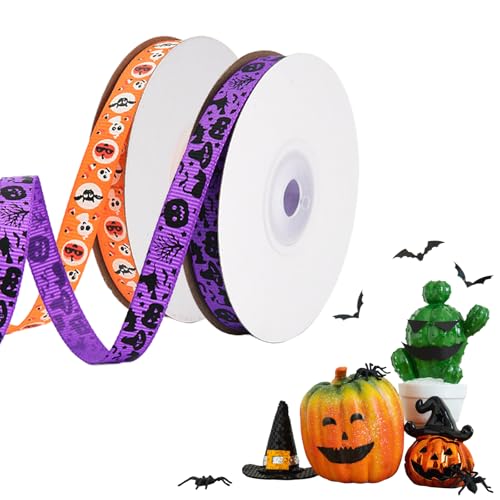 JEKUGOT Halloween-Schleifenband, bedrucktes Ripsband, 10 mm breit, Geschenkband zum Basteln, Geschenkverpacken, Haarschleifen, Dekoration, Orange und Lila, 2 Stück von JEKUGOT