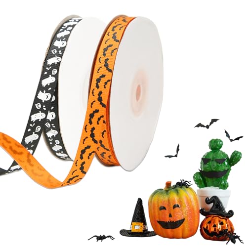 JEKUGOT Halloween-Schleifenband, bedrucktes Ripsband, 10 mm breit, Geschenkband zum Basteln, Geschenkverpacken, Haarschleifen, Dekoration, Orange und Schwarz, 2 Stück von JEKUGOT