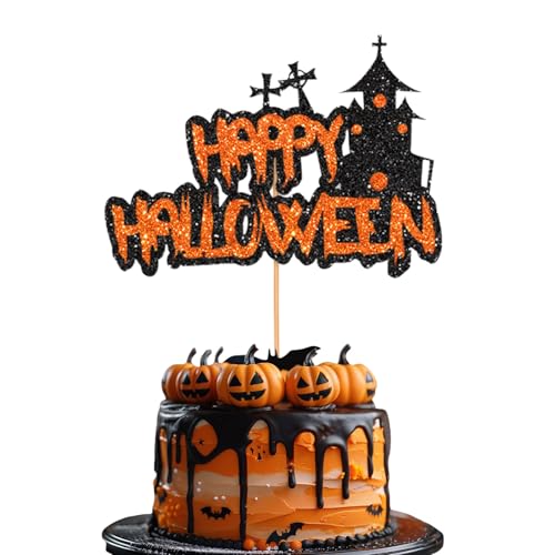 JEKUGOT Happy Halloween Day Cake Topper, Halloween Cake Pick, Castles Cake Topper für Halloween Motto Party Baby Shower Kindergeburtstag Party Kuchen Dekoration von JEKUGOT