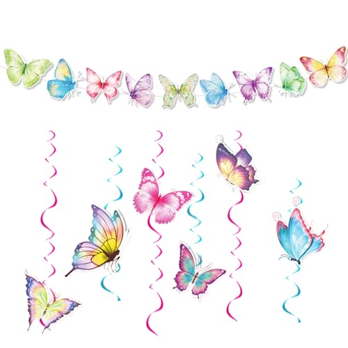 JEKUGOT Schmetterling Dekorationen Schmetterling Geburtstag Party Dekorationen Papier Blumen Hängende DIY Ziehen Flaggen Schmetterling Geburtstag Dekorationen Mädchen Frauen Kinder von JEKUGOT