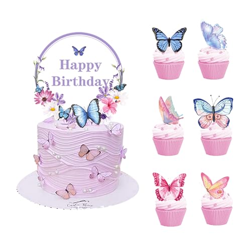 JEKUGOT Schmetterlings-Kuchenaufsätze, 1 großer Happy Birthday-Kuchenaufsatz und 24 Stück 3D-Schmetterlings-Cupcake-Topper, Schmetterlingsparty-Zubehör für Mädchen, Damen, von JEKUGOT