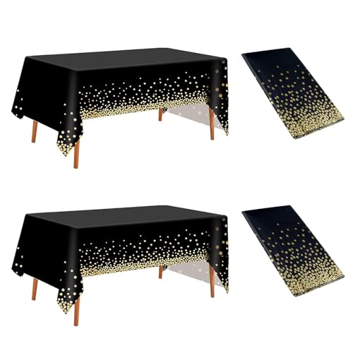 JEKUGOT Schwarze Tischdecke, Party, 137 x 274 cm, schwarze und goldene Punkt-Tischdecken für Picknick im Freien und Geburtstagsparty, 2 Stück von JEKUGOT