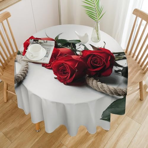 JEKYQ Runde Tischdecke, 91,4 x 91,4 cm, robuste Tischdecke, rote Blumen und Seil-Tischdecke, knitterfrei, wasserdicht, Tischdecken für Hochzeit, Küche, drinnen und draußen von JEKYQ