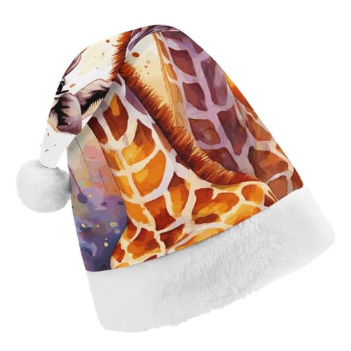 JEKYQ Weihnachtsmütze mit Aquarell-Giraffen, weiche Weihnachtsmütze für Erwachsene, Plüschmütze, Weihnachtsmannmütze für Party, Urlaub von JEKYQ