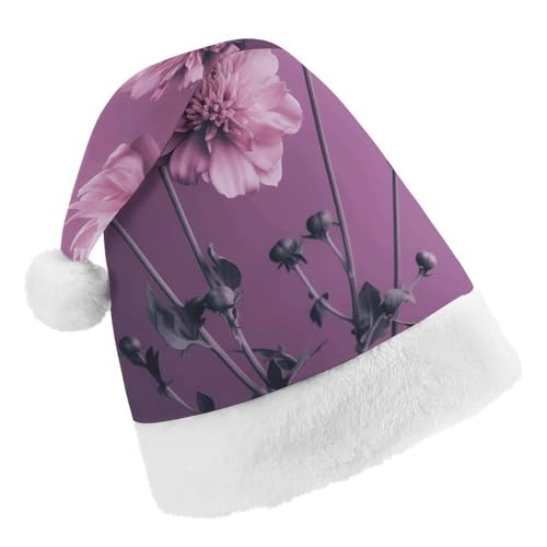 JEKYQ Weihnachtsmütze mit Blumen auf violettem Hintergrund, weiche Weihnachtsmütze für Erwachsene, Plüschmütze, Weihnachtsmannmütze für Party, Urlaub von JEKYQ