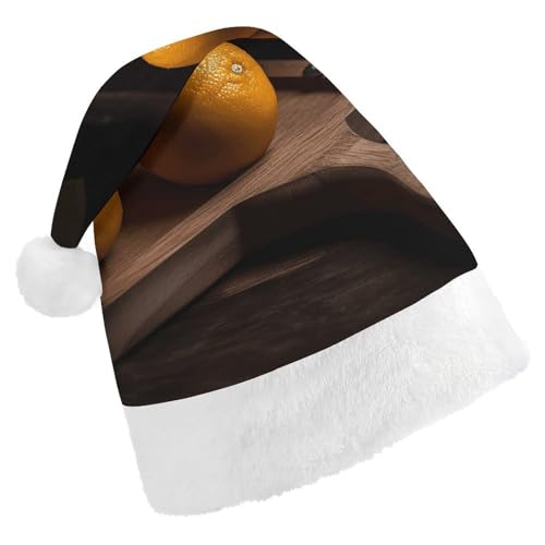 JEKYQ Weihnachtsmütze mit Orangen auf Holzbrett, weiche Weihnachtsmütze für Erwachsene, Plüschmütze, Weihnachtsmannmütze für Party, Urlaub von JEKYQ