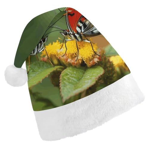 JEKYQ Weihnachtsmütze mit Schmetterling auf Blättern, weiche Weihnachtsmütze für Erwachsene, Plüschmütze, Weihnachtsmannmütze für Party, Urlaub von JEKYQ