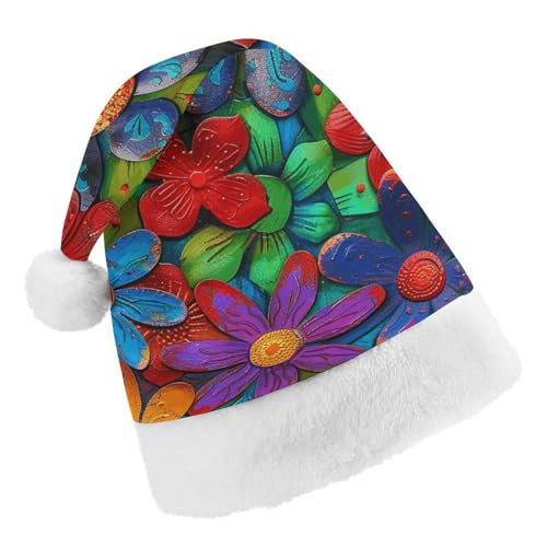 JEKYQ Weihnachtsmütze mit buntem Blumenmuster, weiche Weihnachtsmütze für Erwachsene, Plüschmütze, Weihnachtsmannmütze für Party, Urlaub von JEKYQ