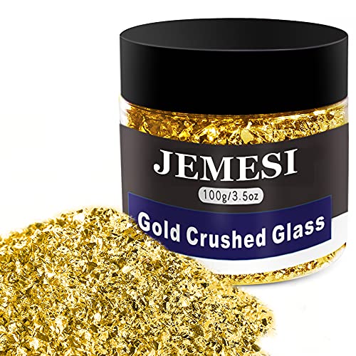 JEMESI 100g Gold Crushed Glass, Reflective Crushed Metallic Glass Glitter Edelstein Perlen Chips für DIY Harz Schimmel Nagel Vase Füller Scrapbooing Schmuck Handwerk Dekoration von JEMESI