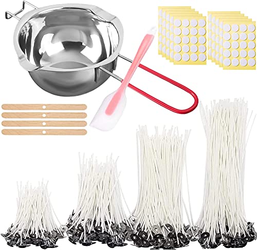 JEMESI Kerzenherstellung Zubehör, 600ml Schmelztopf und 200 Stück Kerze Dochte, 4 Festen Halter und 200 Dochtaufkleber, für DIY Kerzenherstellung von JEMESI