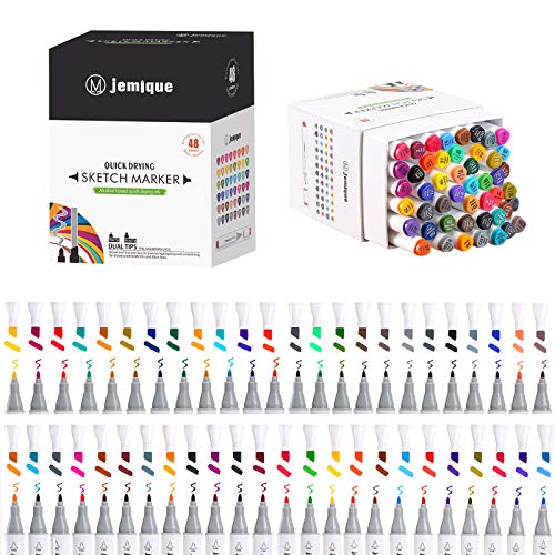 JEMIQUE 48 Farben Marker Set,Permanent Marker Markierungsstifte Mit Doppelter Spitzen,Alkohol Marker Stifte für Studenten,Manga Kunstler Illustrationen,Skizzieren,Zeichnen,Drawing von JEMIQUE