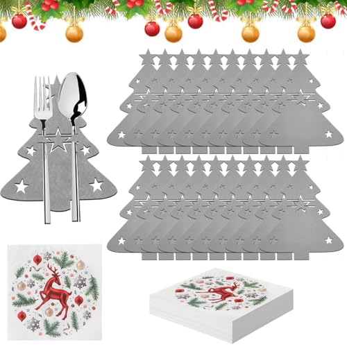 20 Stück Besteckhalter Weihnachten Filz+20 Weihnachten Servietten Weihnachtsbaum Motiv,Bestecktasche Weihnachtssterne,Tischdeko Weihnachten,Weihnachtsbaum Bestecktaschen,Weihnachten Geschirr Tasche von JEONDFG