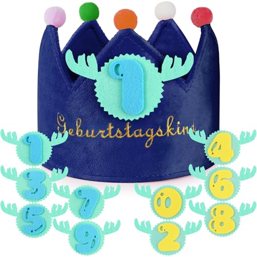 JETOP Geburtstagskrone Kinder Geburtstagskrone Junge mit Zahlen von 1-9 Geburtstagskrone Stoff Party Deko für den Kindergeburtstag Geburtstagskrone für den Kindergeburtstag 1-9 Geburtstag Junge von JETOP