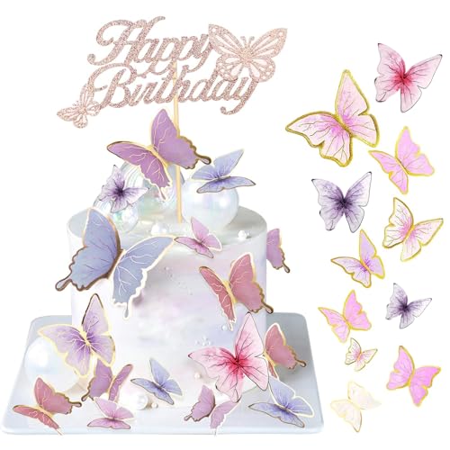 JETOP Happy Birthday Tortendeko und 40 Stück Schmetterling Tortendeko, Schmetterlinge Deko Torte für Hochzeitstorte Geburtstagstorte Tortendeko Taufe Tortendeko Geburtstag Mädchen Rosa Blau Lila Weiß von JETOP