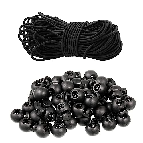 JETOP Kordelzug-Set, Zugband, 100 Stück Kordelstopper und 15 m (49 ft) elastische Schnur (2 mm) für Schnürsenkel, Kleidung, Tasche, Rucksack usw, Schwarz von JETOP