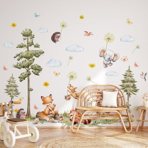 Waldtiere Wandtattoo Kinderzimmer Wandbilder Wandsticker Kinderzimmer Jungen Mädchen Wandtattoo Waldtiere Dschungel Tiere Baum Fuchs Pusteblume Wandaufkleber Kinderzimmer Babyzimmer Schlafzimmer von JETOP